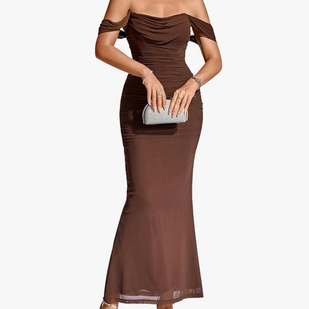 Elegant Off-Shoulder Brown Dress